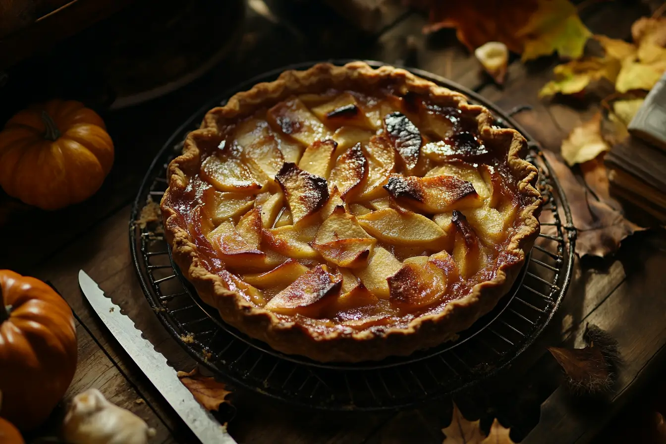 Cooling Apple Pie with Fall Decor Freshly baked apple pie on a cooling rack surrounded by fall decor.
