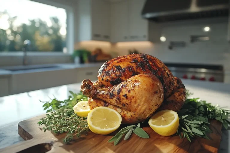 Golden rotisserie chicken on a cutting board with herbs and lemon.