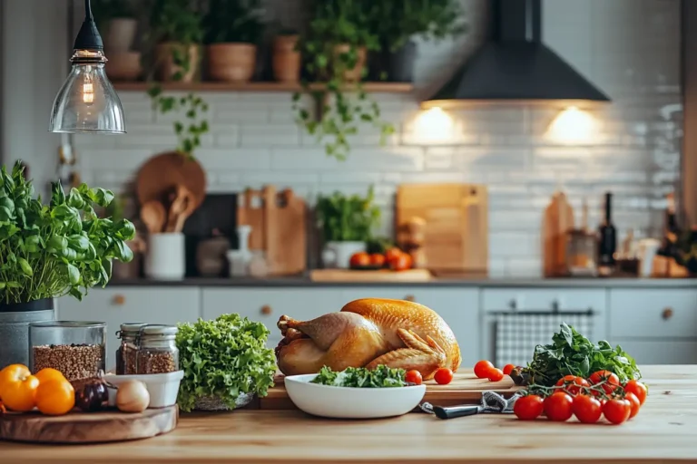 Golden rotisserie chicken surrounded by fresh vegetables on a kitchen table.