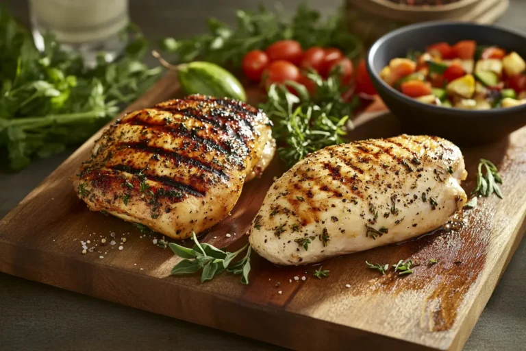 Rotisserie chicken and chicken breast side by side on a cutting board.