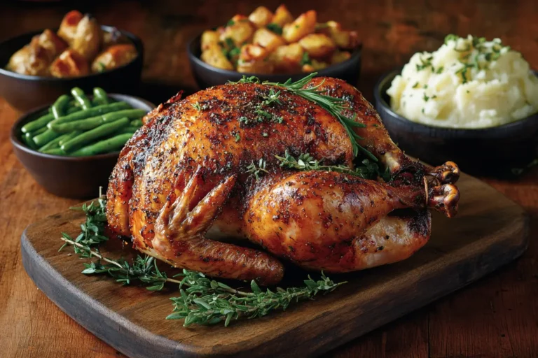 Golden roasted whole chicken with fresh herbs and sides