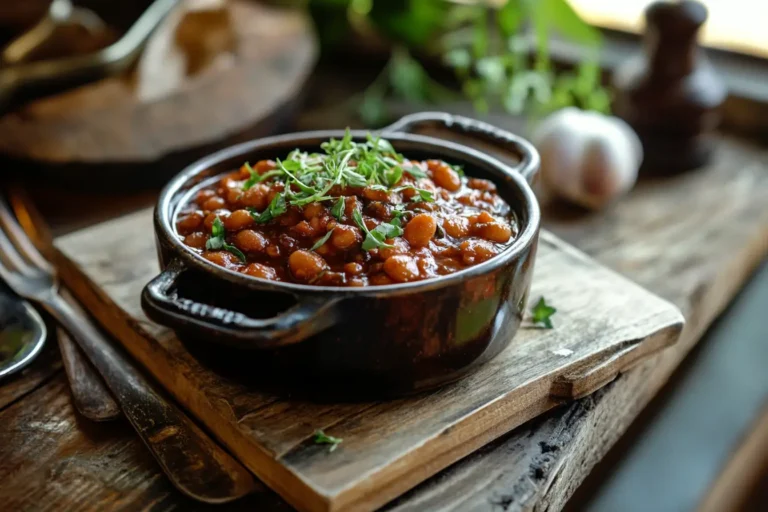 A bowl of homemade baked beans garnished with fresh herbs on a rustic table.