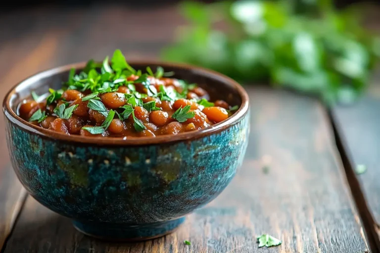 Close-up of a bowl of baked beans in tomato sauce.