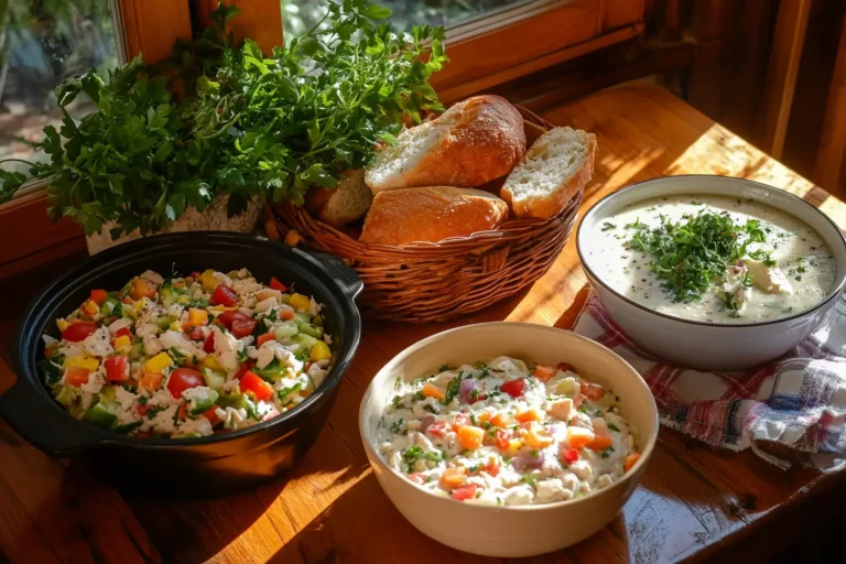 Greek chicken salad with fresh vegetables and shredded rotisserie chicken.
