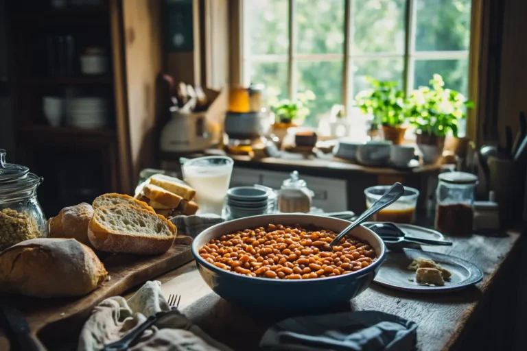 Bowl of baked beans on a rustic kitchen table.