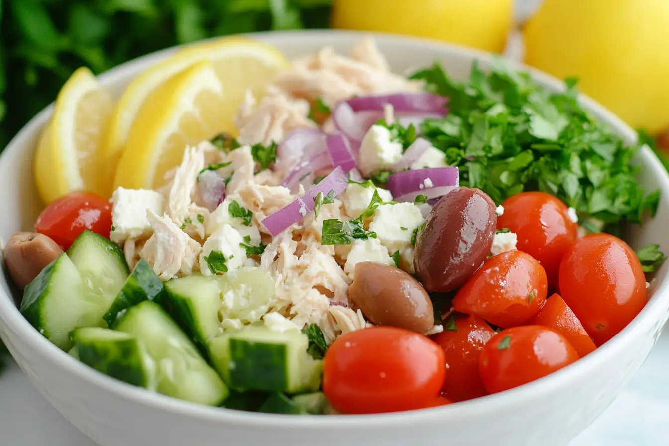 Healthy Greek Chicken Salad Greek chicken salad with fresh vegetables and shredded rotisserie chicken.