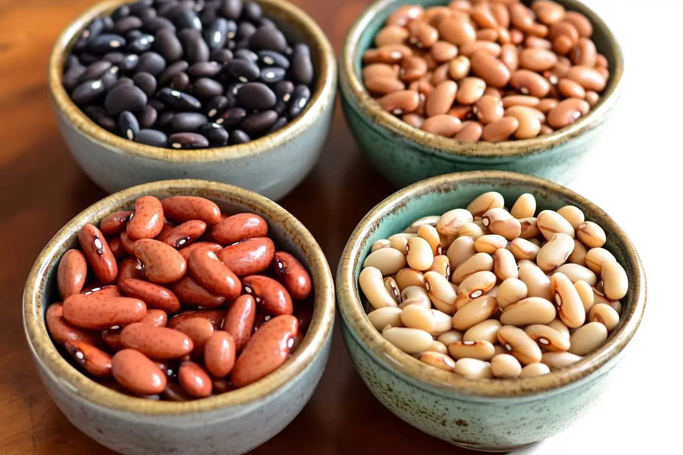 Types of Beans for Baked Beans Which Type of Beans Are Used in Baked Beans?, Variety of beans used in baked beans displayed on a cutting board.