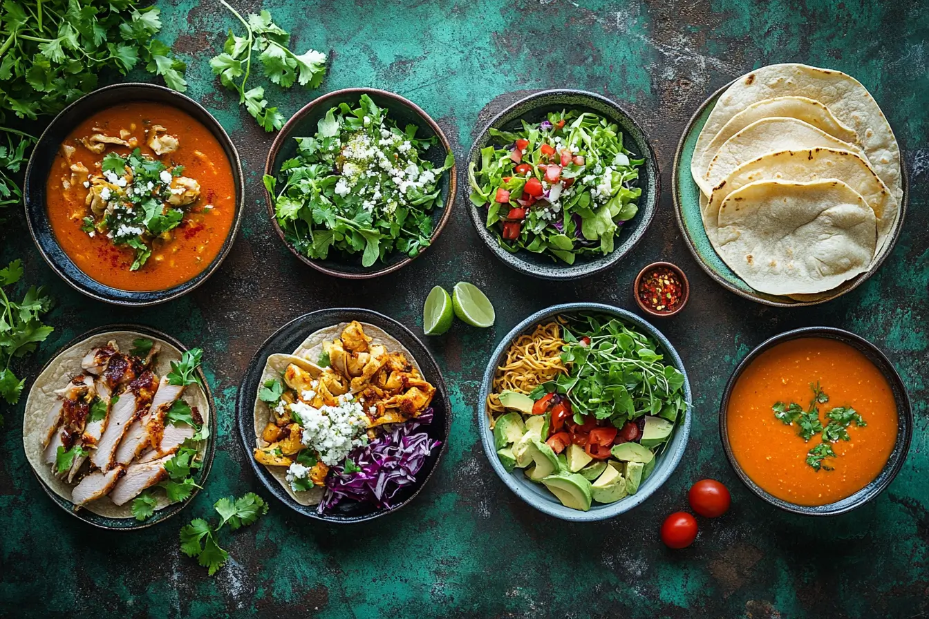 7-Day Meal Plan with Rotisserie Chicken Seven creative rotisserie chicken meal ideas on small plates.
