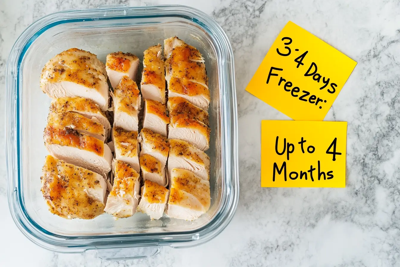 Leftover Roast Chicken in Airtight Container Sliced leftover roast chicken in a storage container