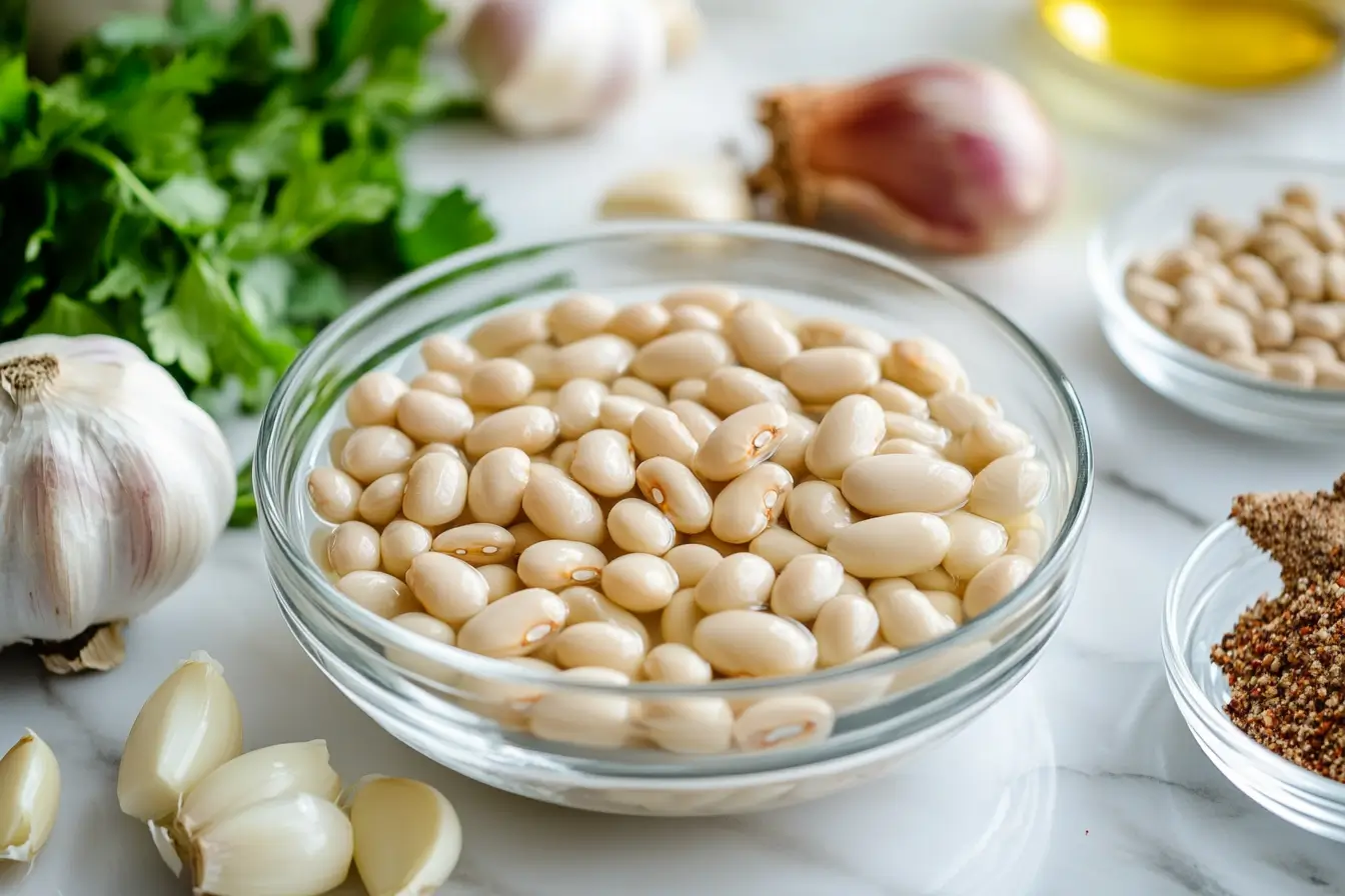 Soaking Navy Beans Navy beans soaking in a glass bowl surrounded by cooking ingredients.