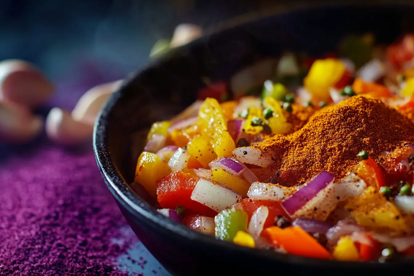 Sautéed Vegetables and Spices Sautéed vegetables and spices for enhancing baked beans.