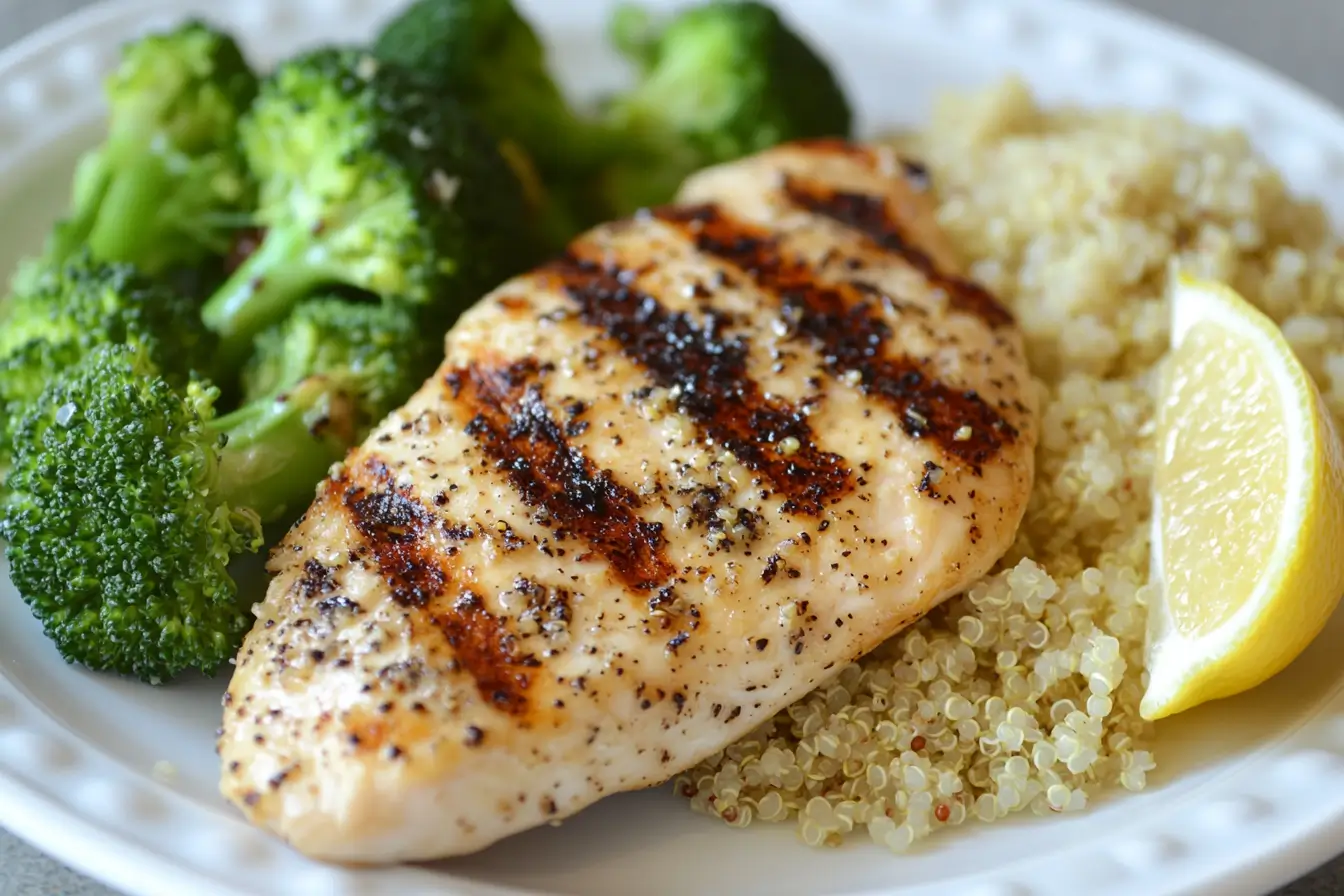 Healthy Chicken Breast Meal Grilled chicken breast served with steamed broccoli and quinoa.