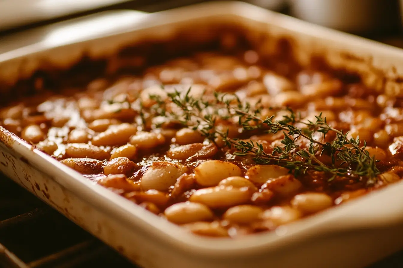 Baking Dish of Baked Beans A baking dish with baked beans in rich tomato sauce topped with thyme.