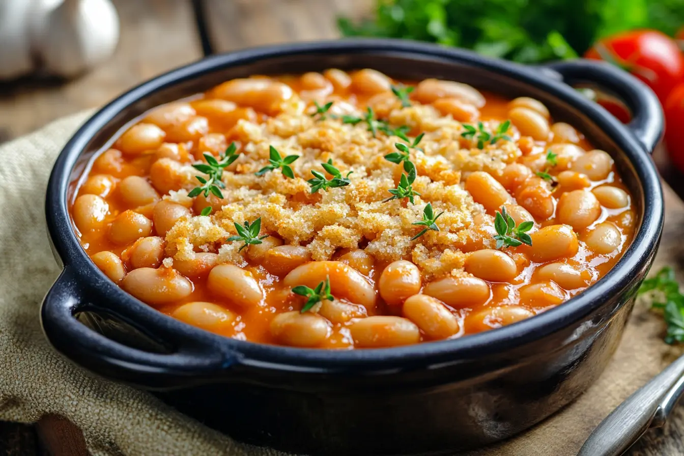 Baked Beans with Toppings Baked beans topped with breadcrumbs and herbs in a dish.