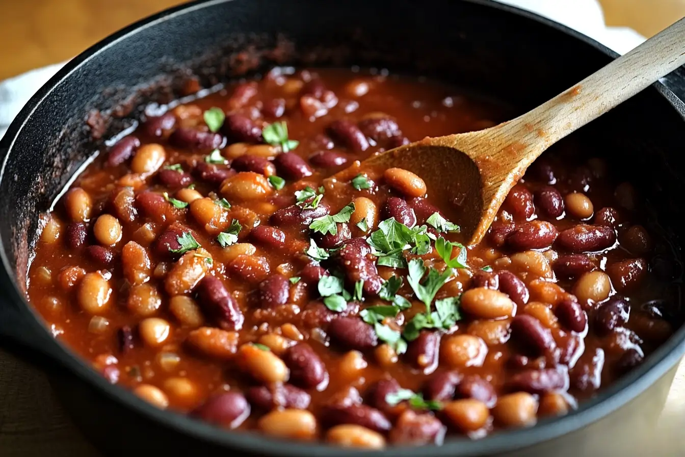 Homemade Baked Beans in a Skillet Pot of homemade baked beans being stirred with a wooden spoon.