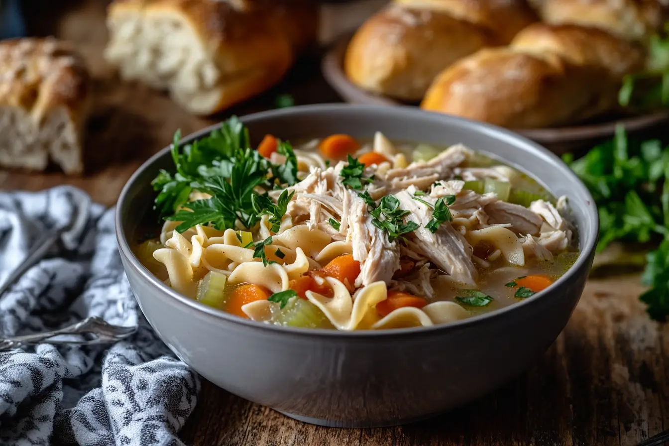 Cozy Chicken Noodle Soup Chicken noodle soup with leftover rotisserie chicken.