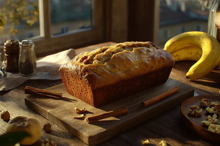 Freshly baked banana bread loaf surrounded by ripe bananas.