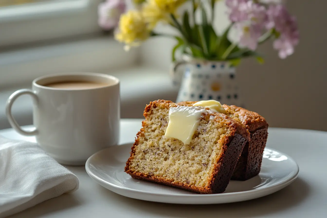 Serving Ideas for Banana Bread. Banana Bread Recipe,Slice of banana bread served with butter and coffee.